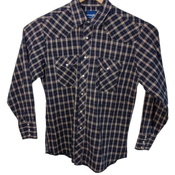 Vintage Wrangler Pearl Snap Blue plaid long sleeve lightweight Large Western‎ - Picture 5 of 7